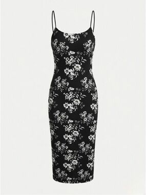 Faded Rose Black Floral Bodycon Midi Dress | Lined Spaghetti Strap | Medium